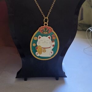 Charming Cat Pendant Necklace in Gold and Teal